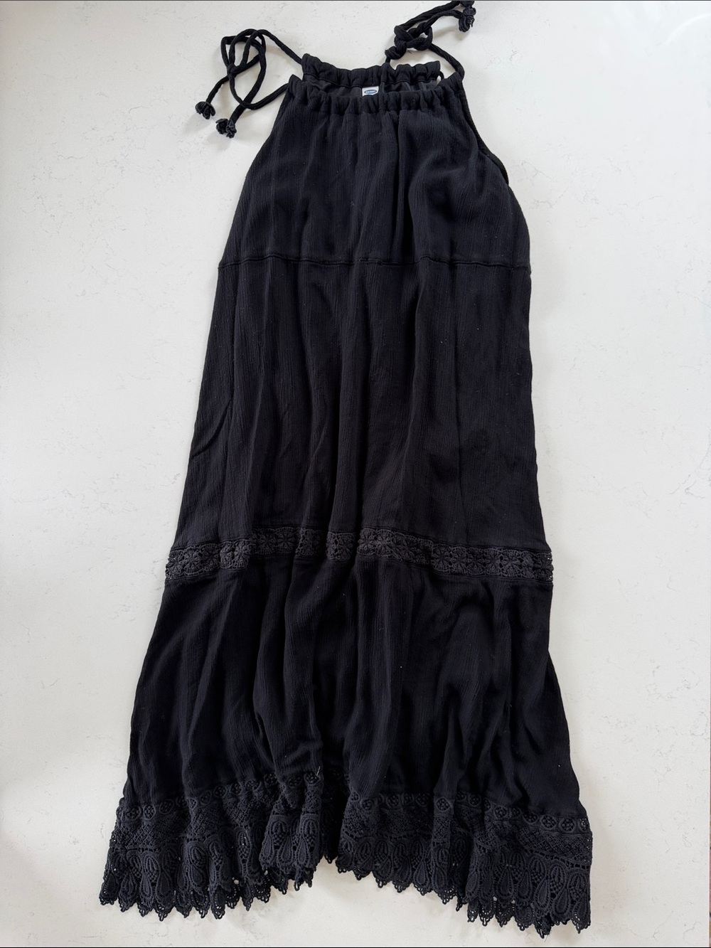 Old Navy Black Maxi Dress with Crochet Hem and Tie Straps